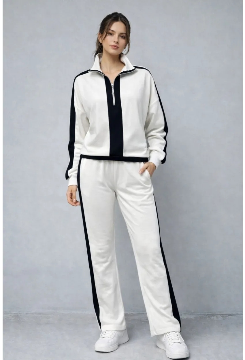Modal Kumaş Yarım Fermuarlı Şeritli Eşofman Takımı Beyaz