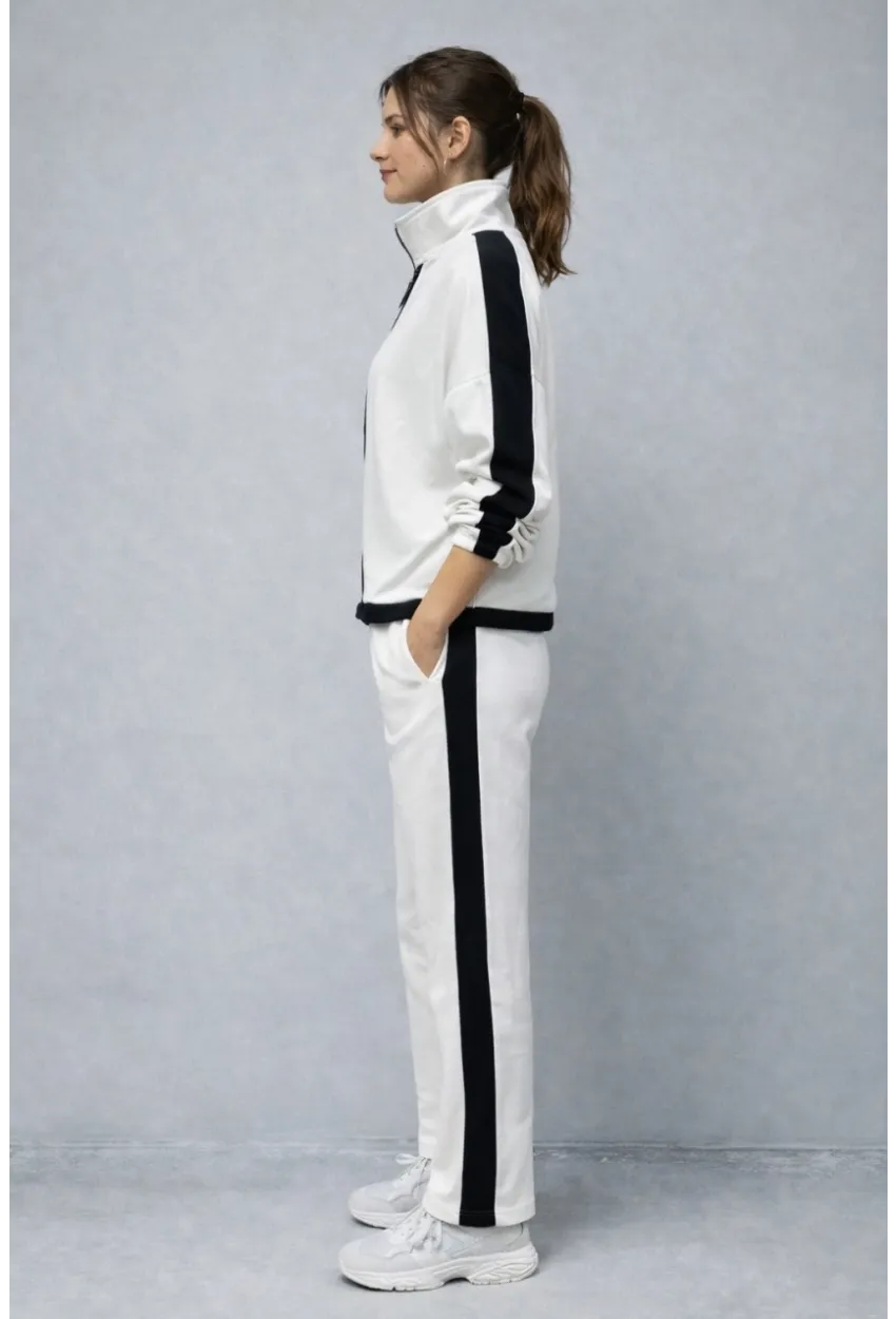 Modal Kumaş Yarım Fermuarlı Şeritli Eşofman Takımı Beyaz