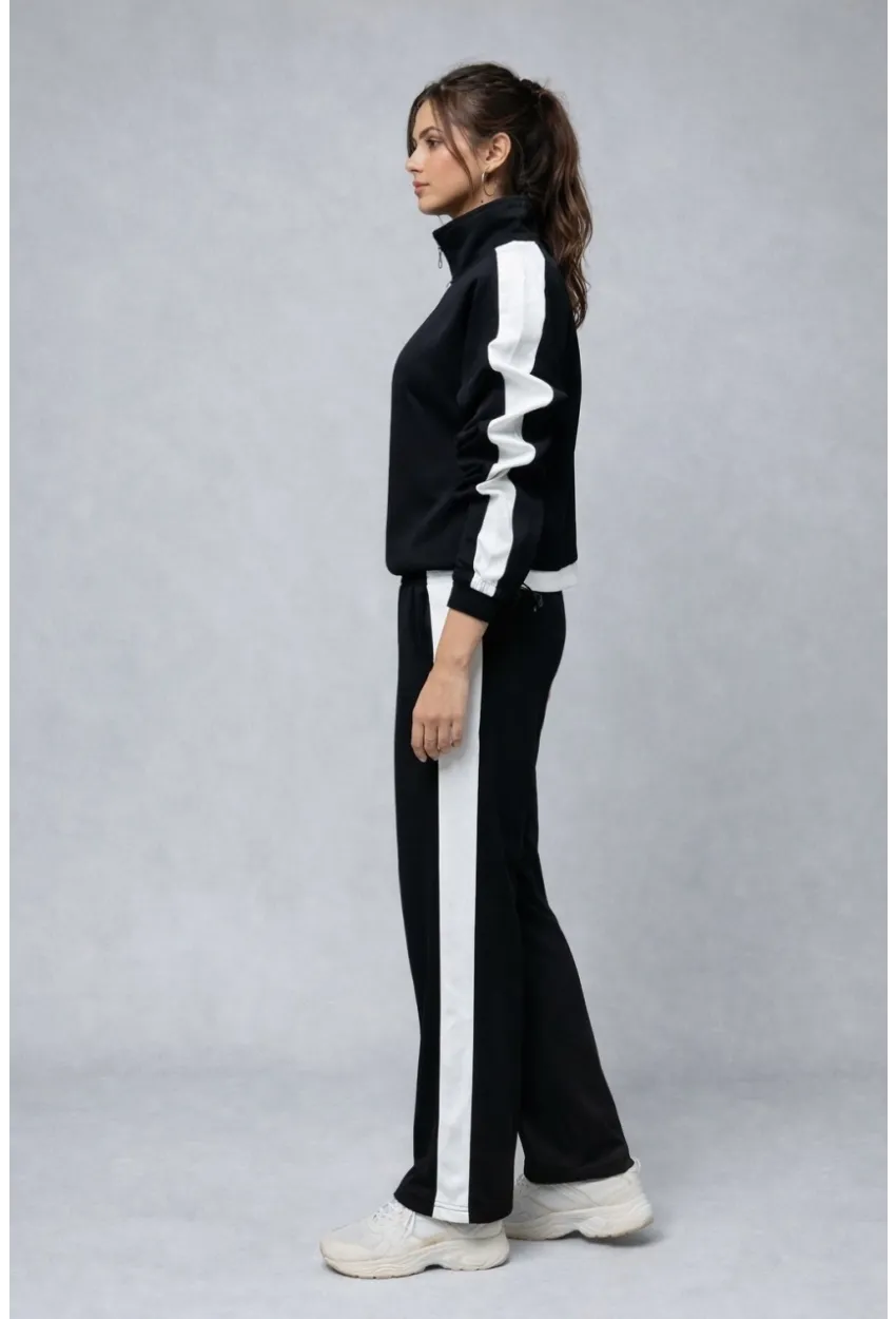 Modal Kumaş Yarım Fermuarlı Şeritli Eşofman Takımı Siyah