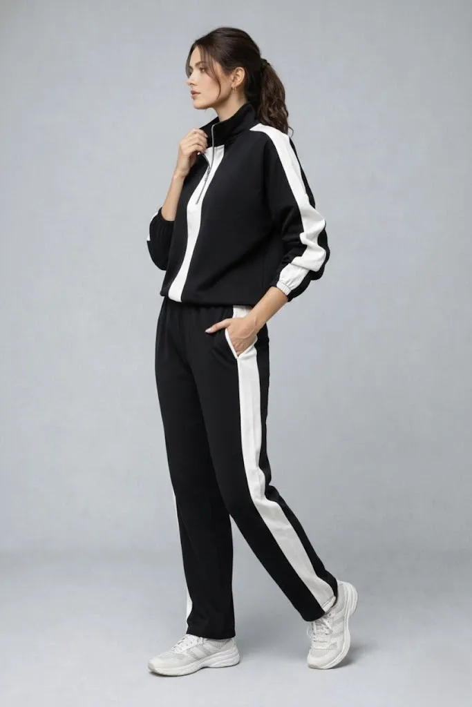 Modal Kumaş Yarım Fermuarlı Şeritli Eşofman Takımı Siyah