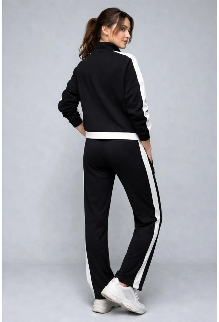 Modal Kumaş Yarım Fermuarlı Şeritli Eşofman Takımı Siyah