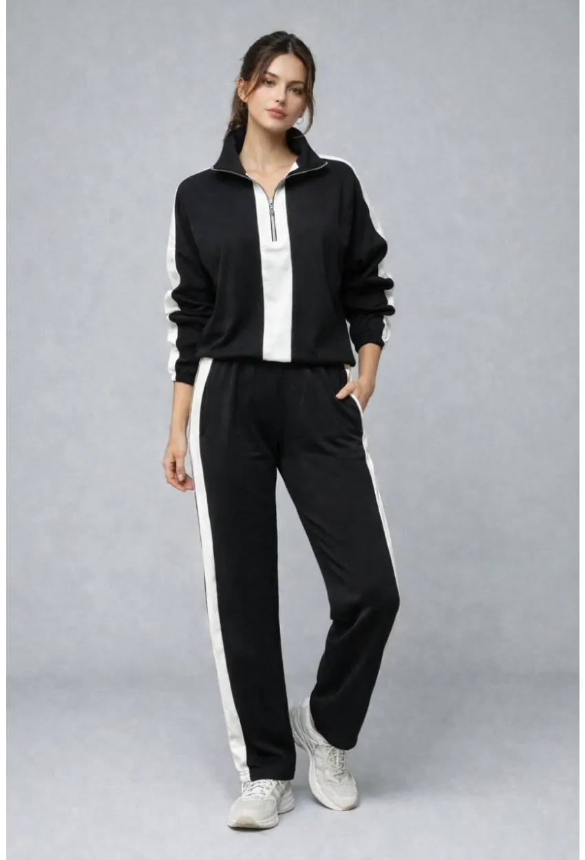 Modal Kumaş Yarım Fermuarlı Şeritli Eşofman Takımı Siyah