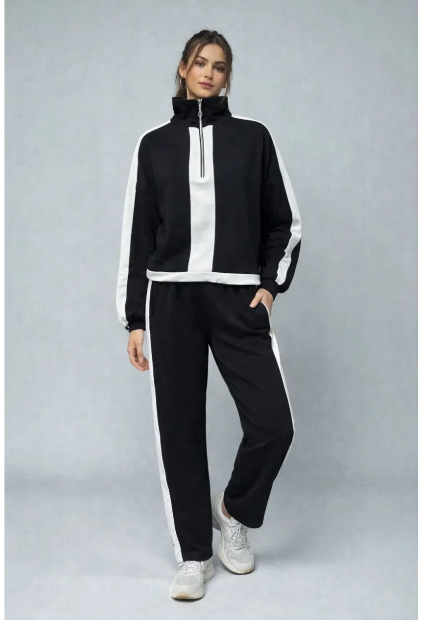 Modal Kumaş Yarım Fermuarlı Şeritli Eşofman Takımı Siyah