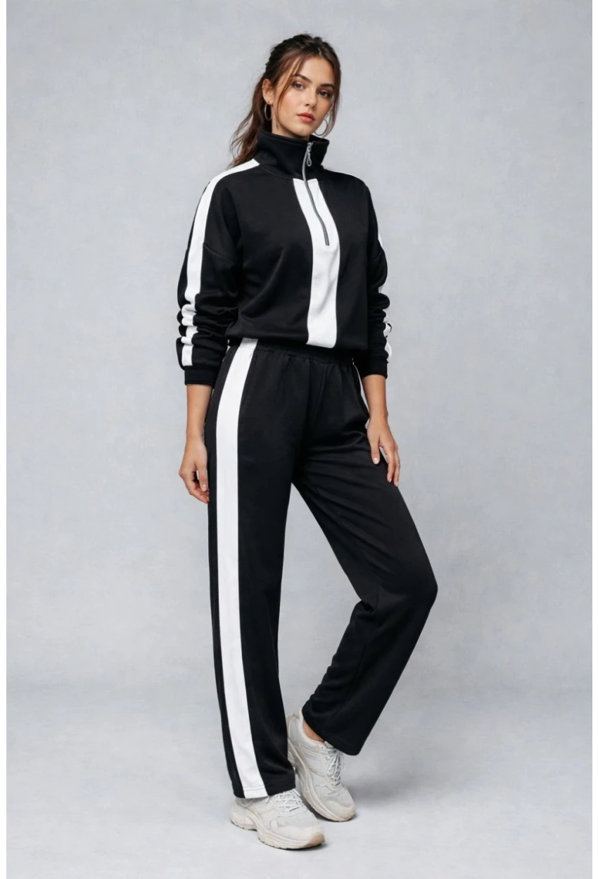 Modal Kumaş Yarım Fermuarlı Şeritli Eşofman Takımı Siyah