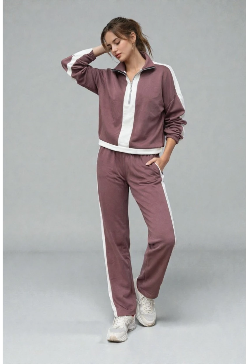 Modal Kumaş Yarım Fermuarlı Şeritli Eşofman Takımı Gül Kurusu