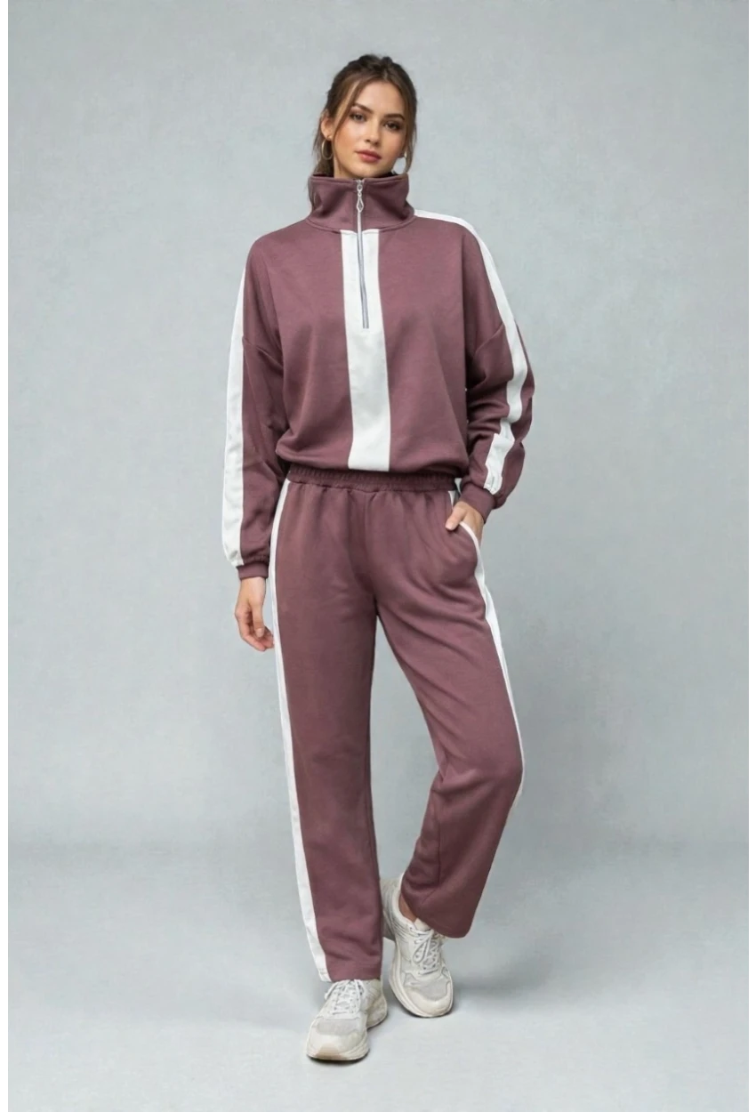 Modal Kumaş Yarım Fermuarlı Şeritli Eşofman Takımı Gül Kurusu