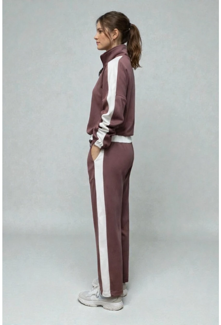 Modal Kumaş Yarım Fermuarlı Şeritli Eşofman Takımı Gül Kurusu