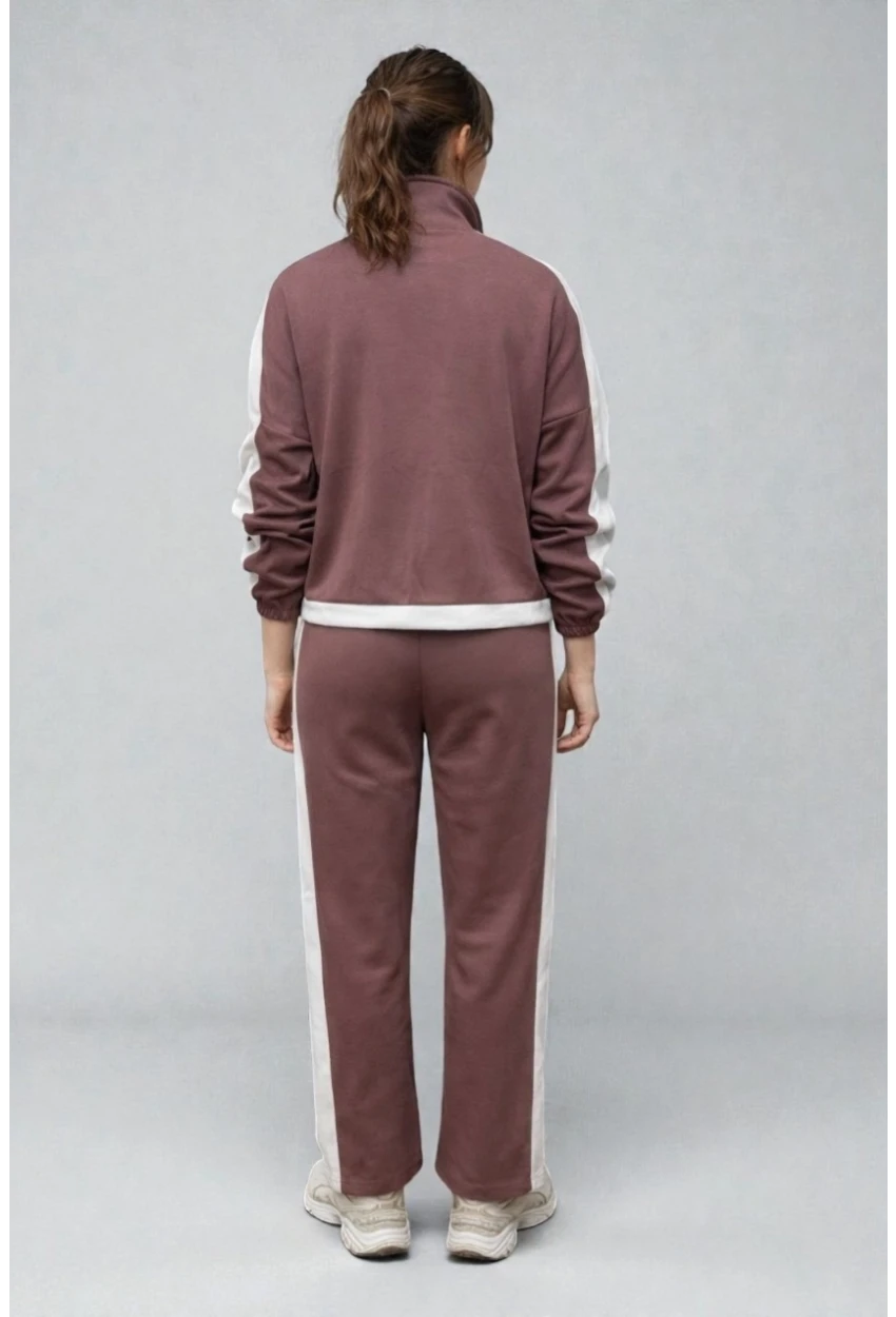 Modal Kumaş Yarım Fermuarlı Şeritli Eşofman Takımı Gül Kurusu