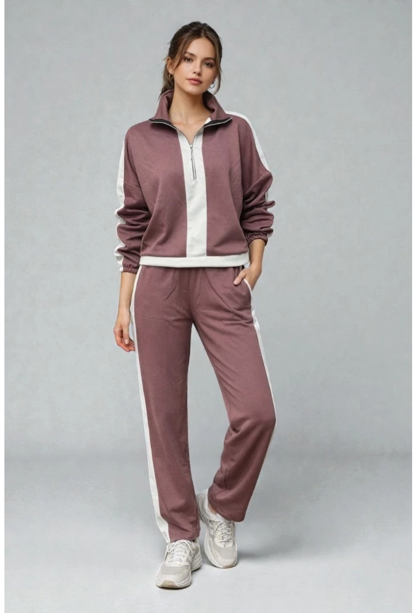 Modal Kumaş Yarım Fermuarlı Şeritli Eşofman Takımı Gül Kurusu