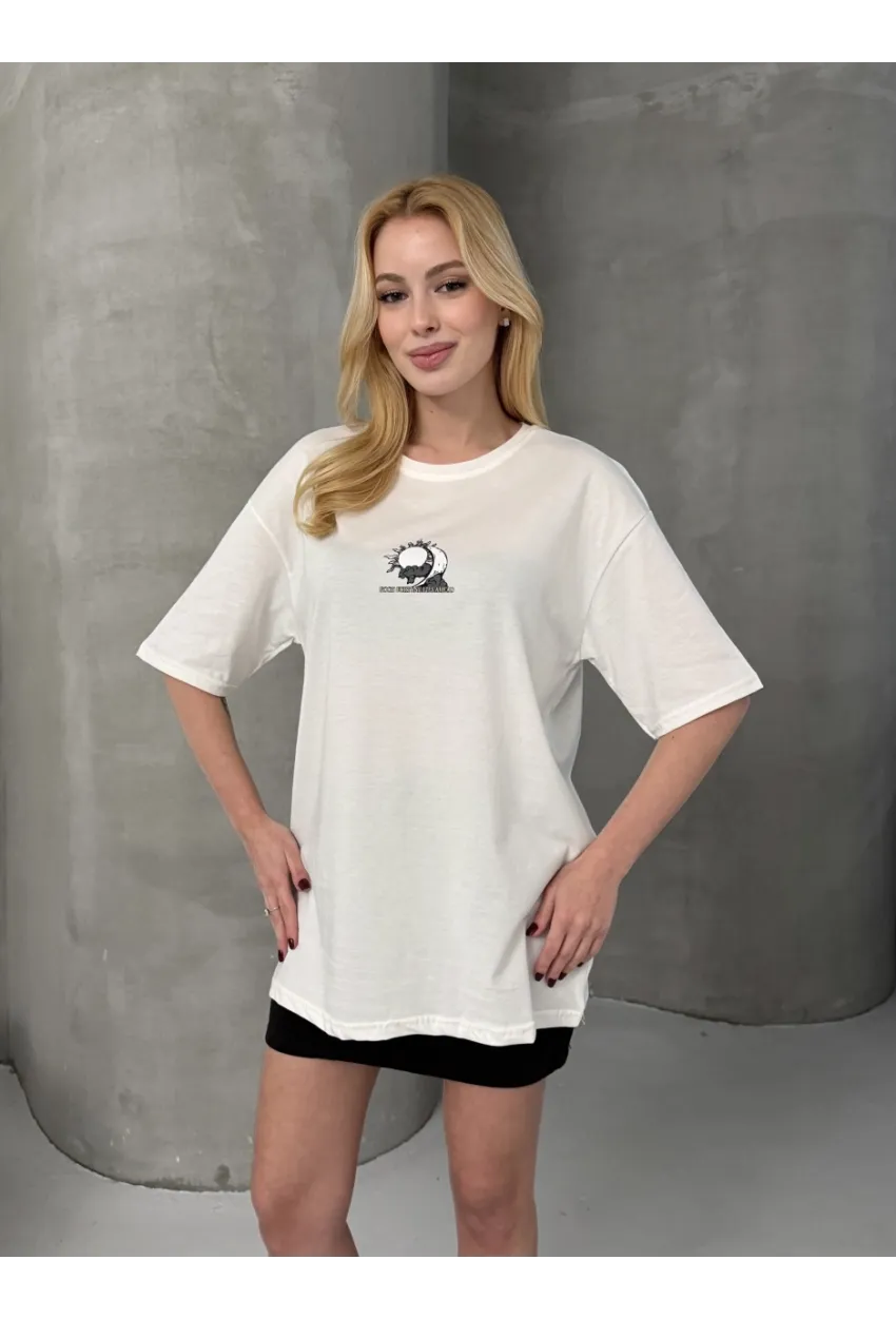 Moon Energy Sırt Baskılı Oversize Kadın Tişört Ekru