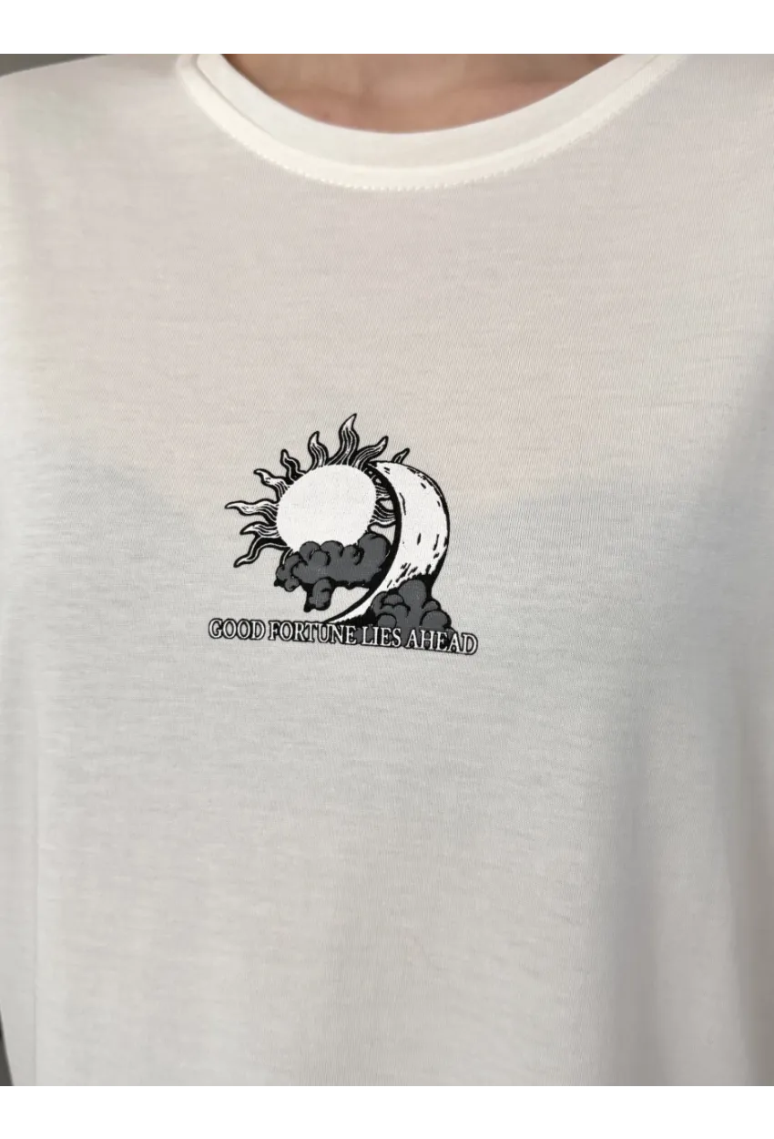 Moon Energy Sırt Baskılı Oversize Kadın Tişört Ekru