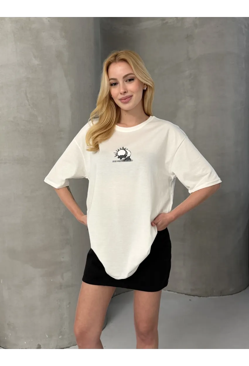 Moon Energy Sırt Baskılı Oversize Kadın Tişört Ekru