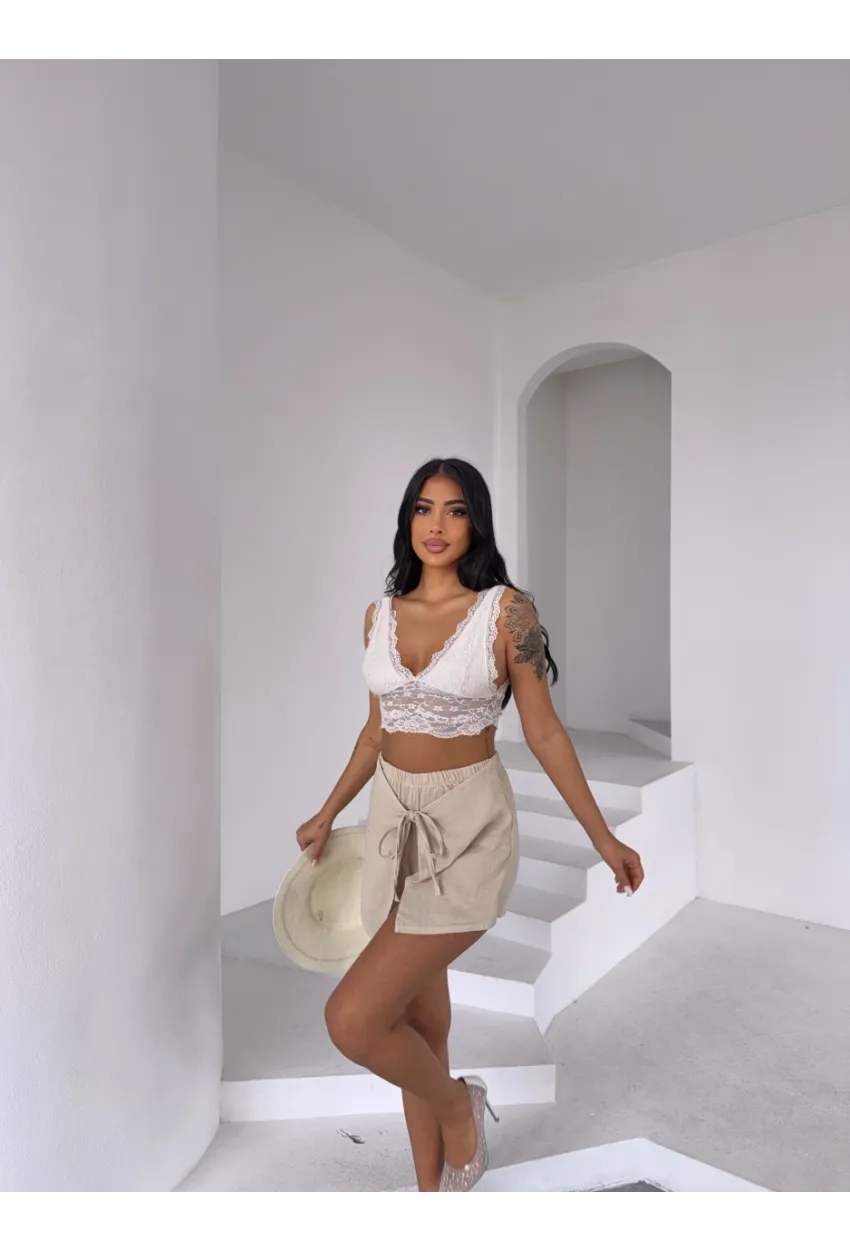 Müslin Keten Bağlama Detay Şort Bej