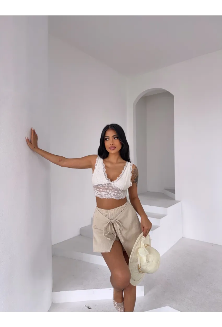 Müslin Keten Bağlama Detay Şort Bej