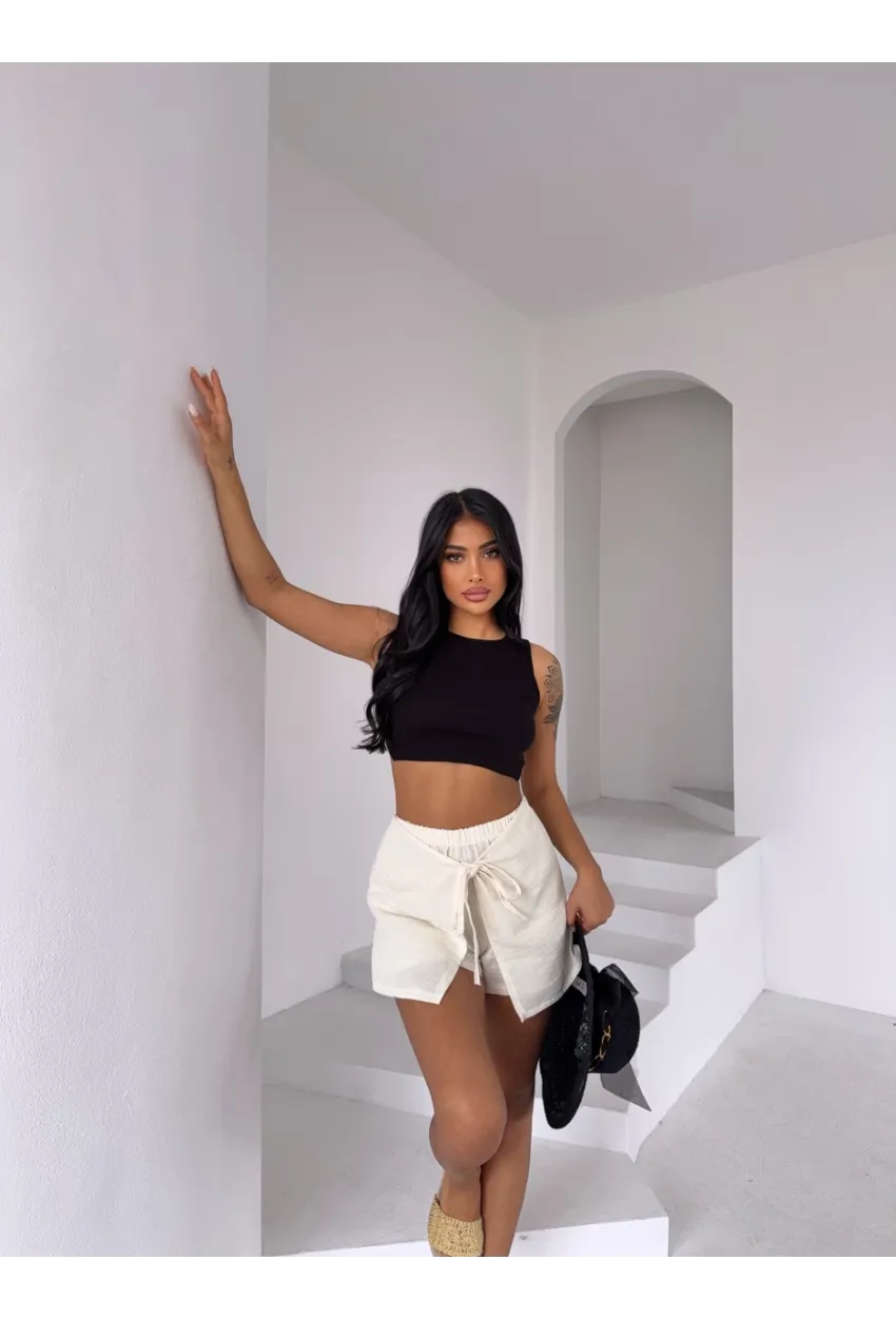 Müslin Keten Bağlama Detay Şort Ekru