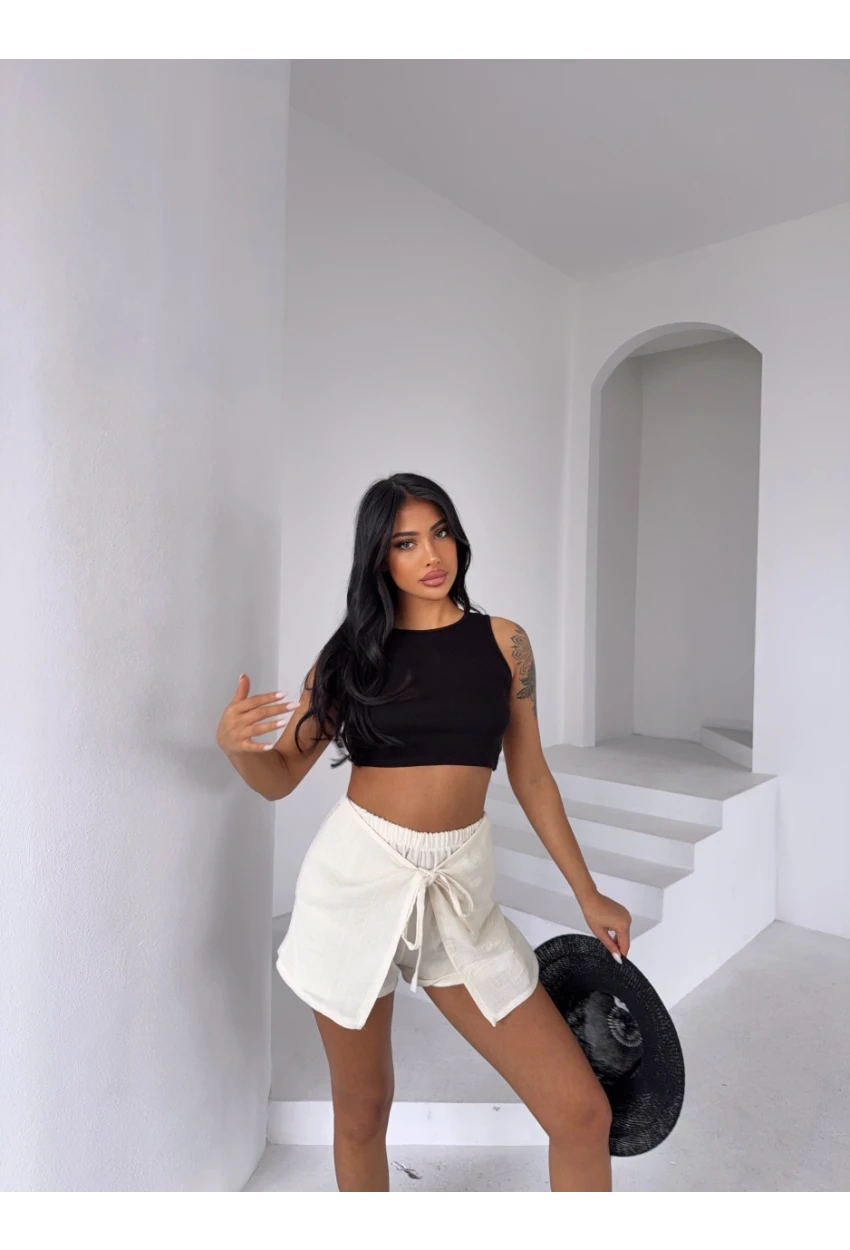 Müslin Keten Bağlama Detay Şort Ekru