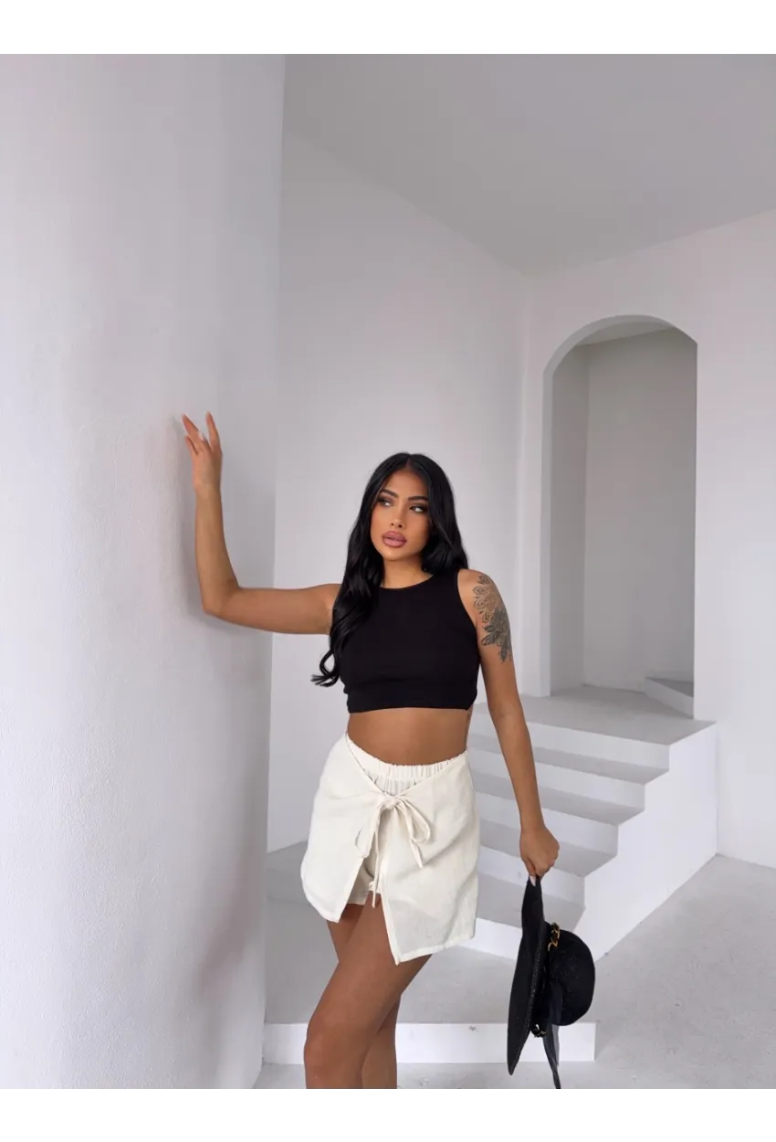 Müslin Keten Bağlama Detay Şort Ekru