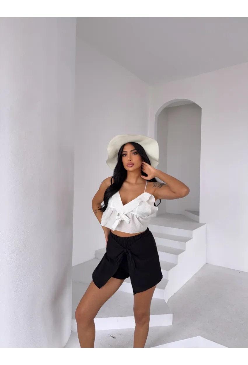 Müslin Keten Bağlama Detay Şort Siyah