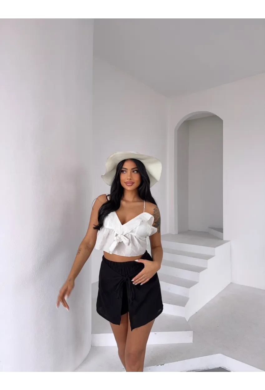 Müslin Keten Bağlama Detay Şort Siyah
