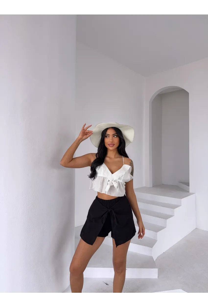 Müslin Keten Bağlama Detay Şort Siyah