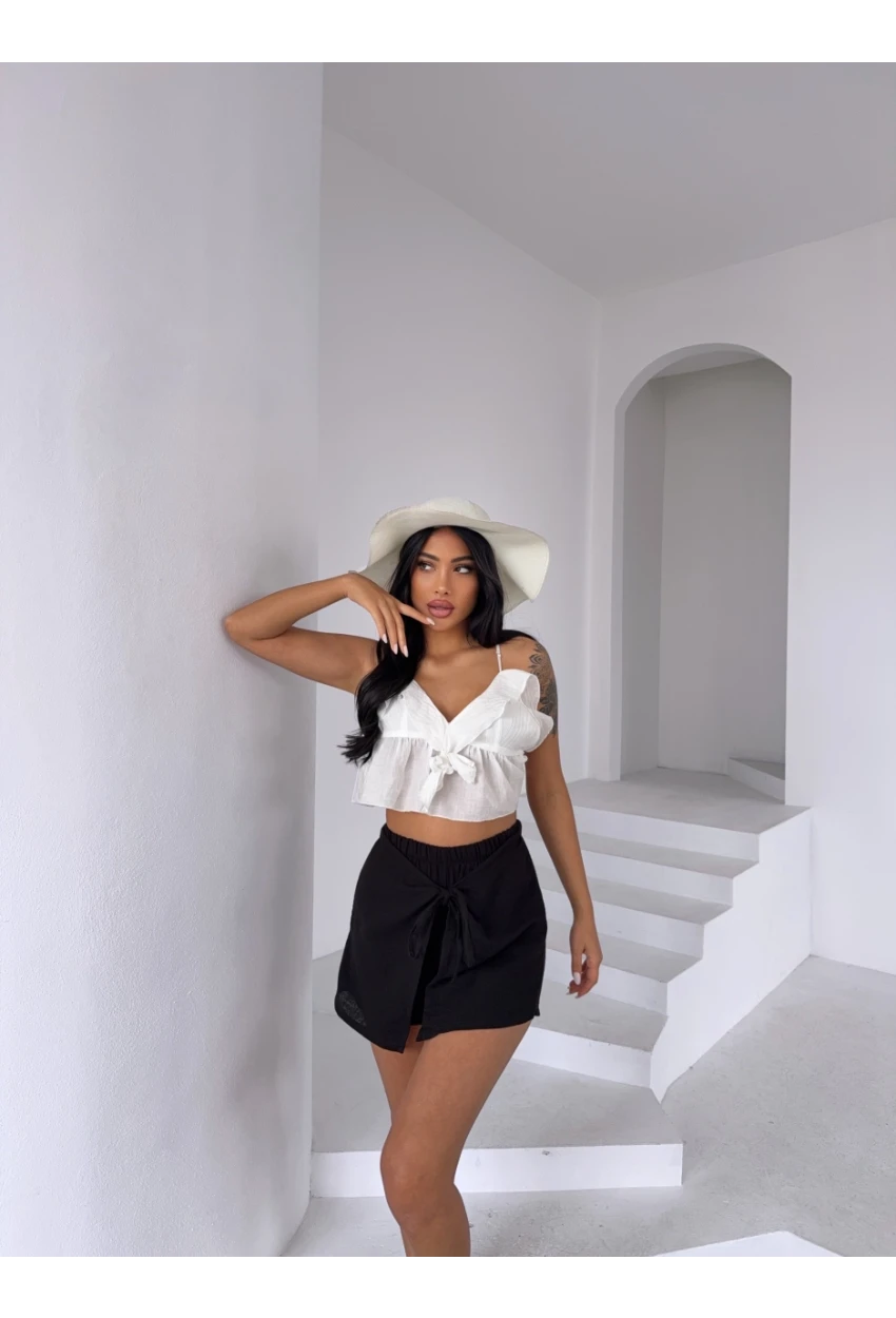 Müslin Keten Bağlama Detay Şort Siyah