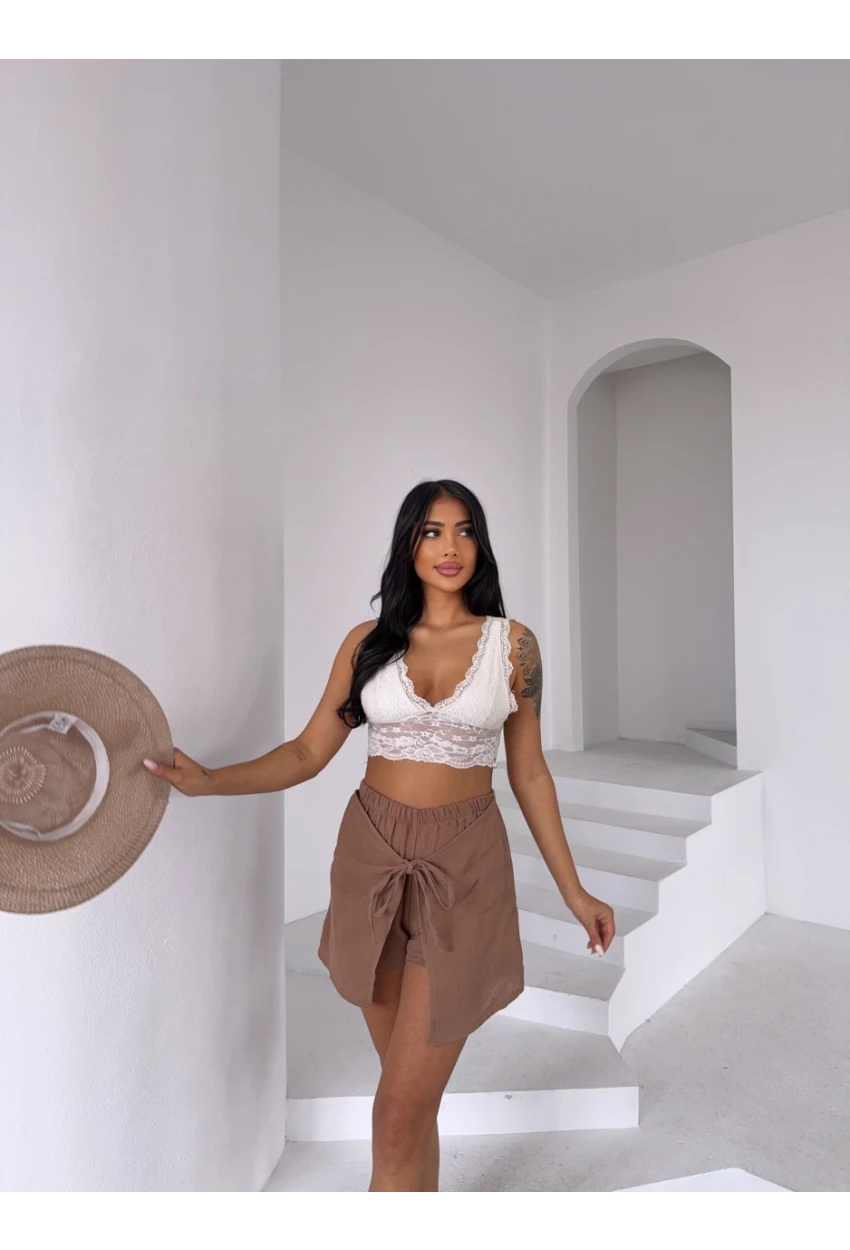 Müslin Keten Bağlama Detay Şort Vizon