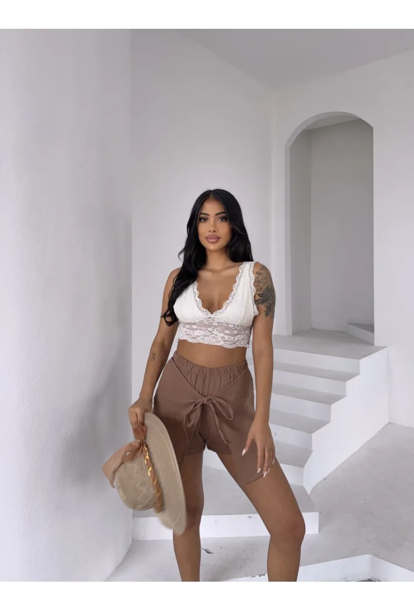 Müslin Keten Bağlama Detay Şort Vizon