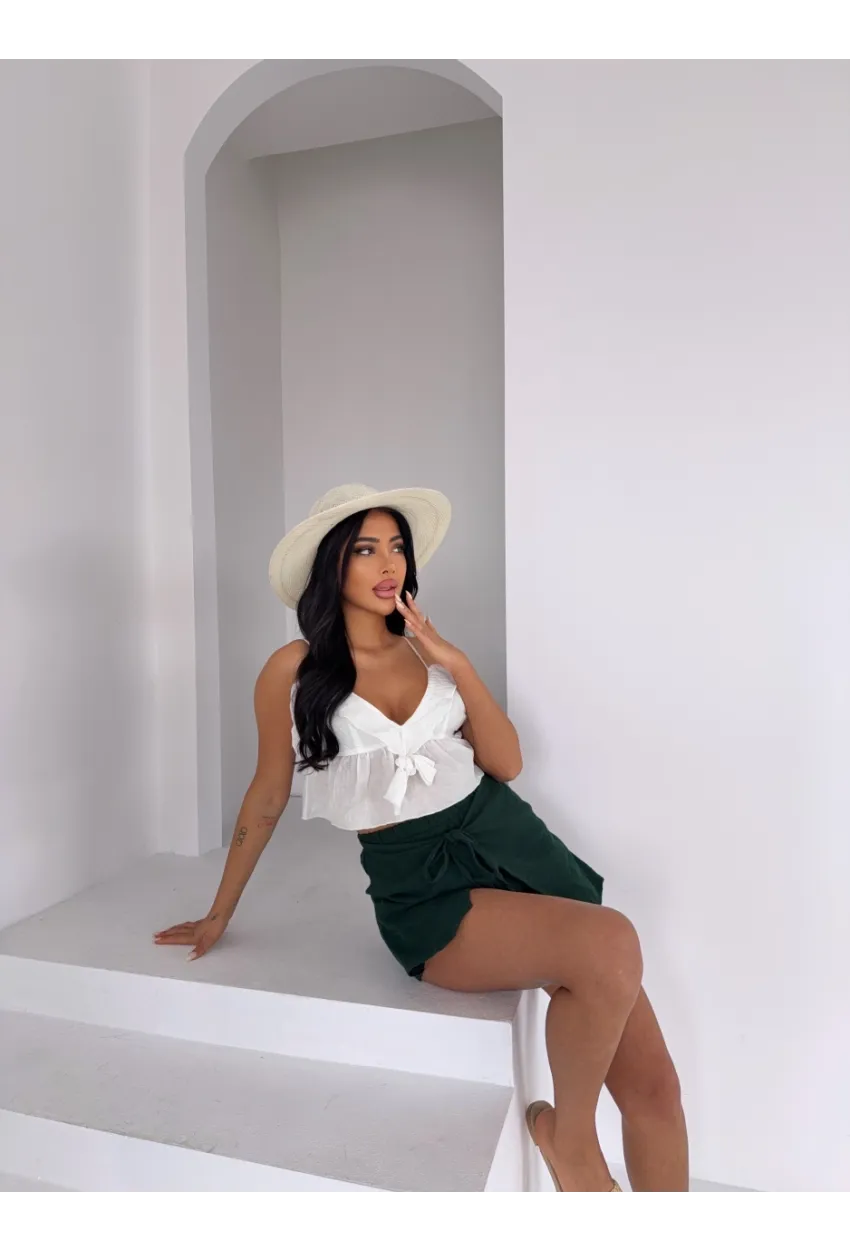 Müslin Keten Bağlama Detay Şort Zümrüt