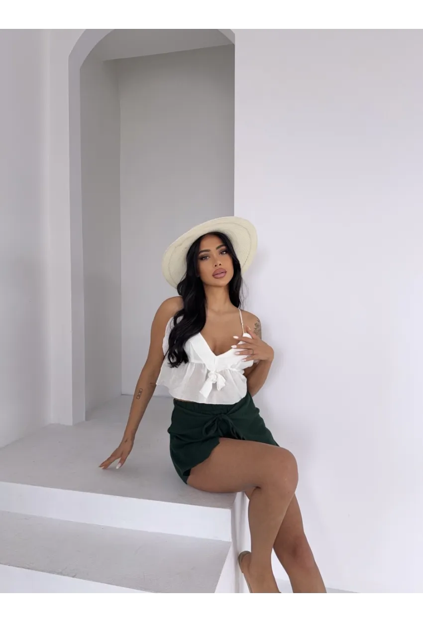 Müslin Keten Bağlama Detay Şort Zümrüt