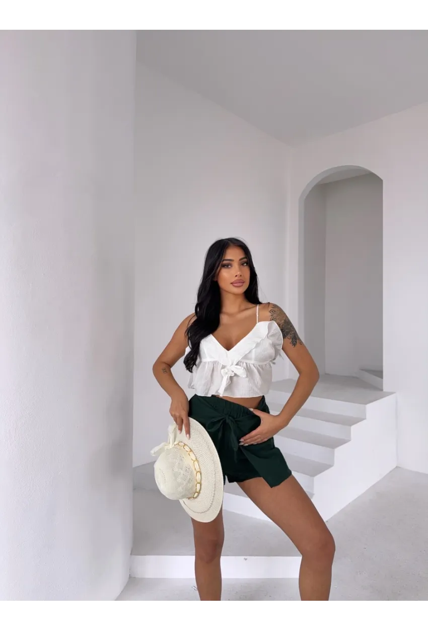 Müslin Keten Bağlama Detay Şort Zümrüt