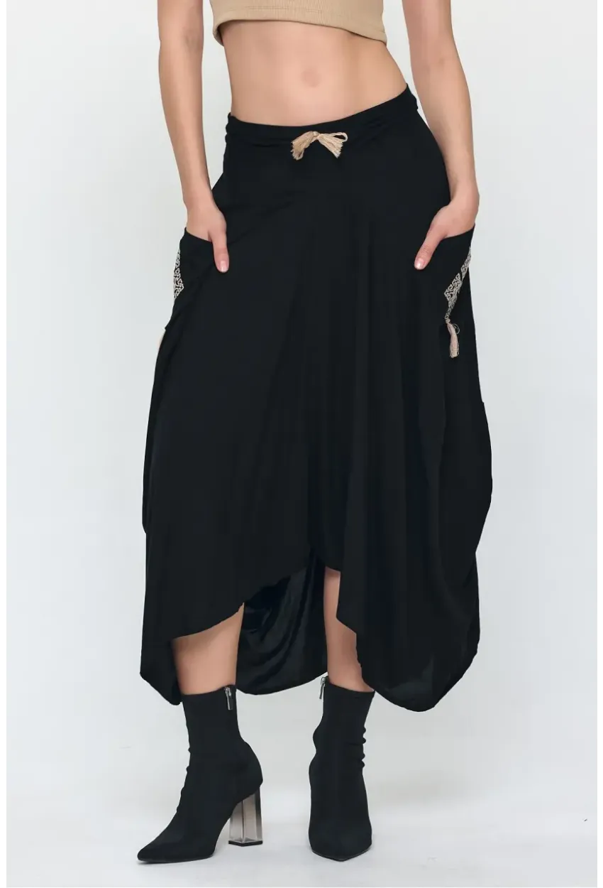 Nakış Detaylı Bağcıklı Cepli Şalvar Etek