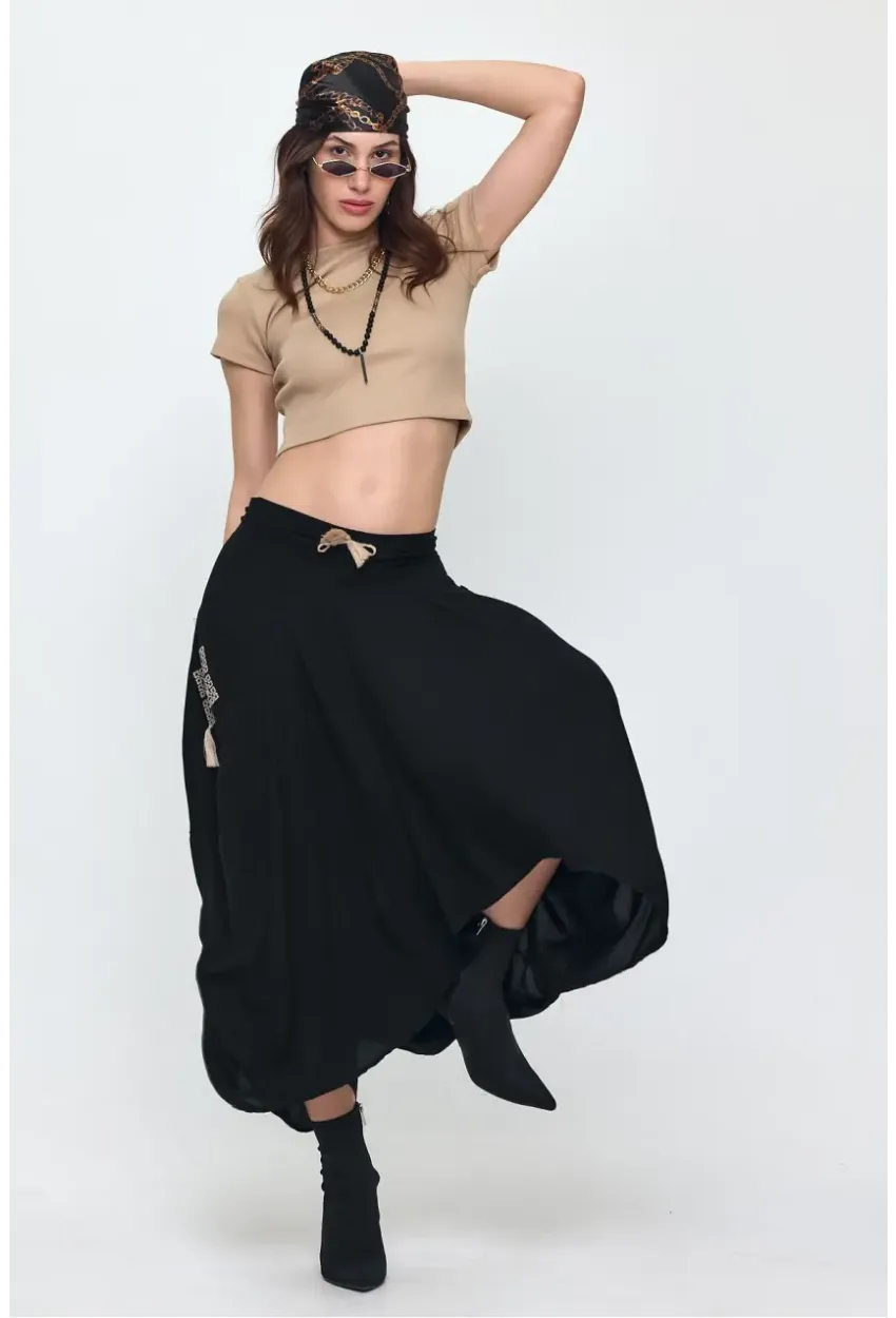 Nakış Detaylı Bağcıklı Cepli Şalvar Etek