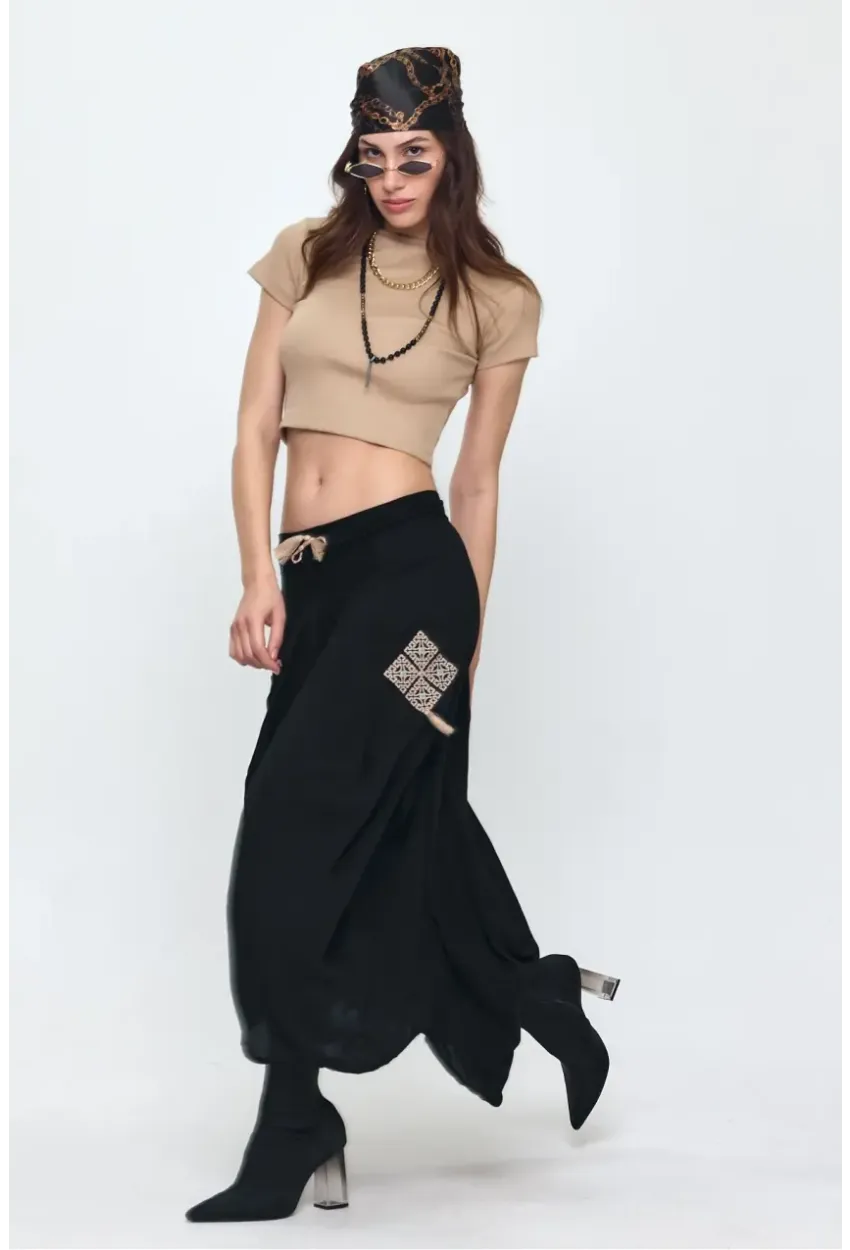 Nakış Detaylı Bağcıklı Cepli Şalvar Etek