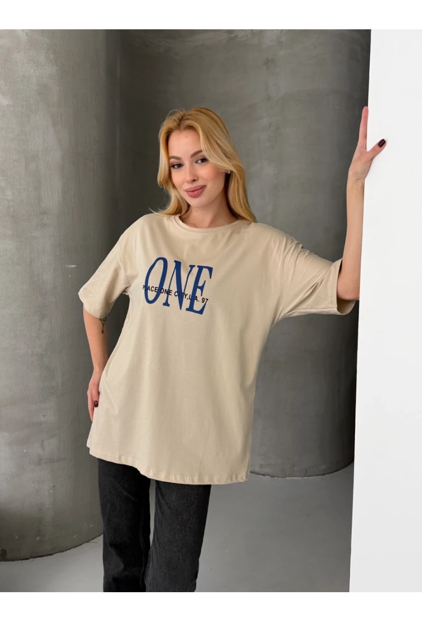 ONE Yazı Baskılı Oversize Kadın Tişört Bej