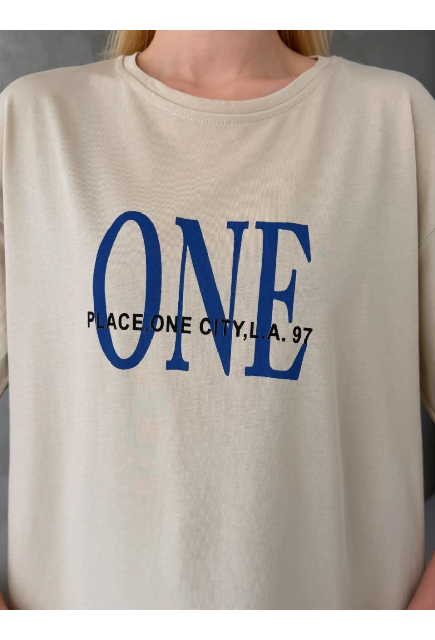 ONE Yazı Baskılı Oversize Kadın Tişört Bej