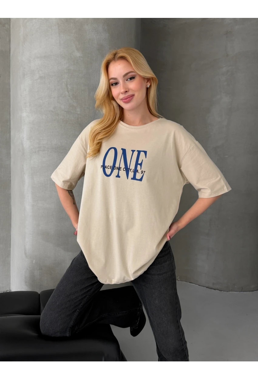 ONE Yazı Baskılı Oversize Kadın Tişört Bej
