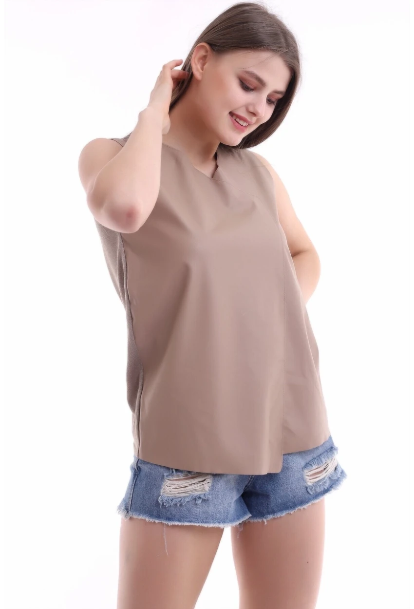 Önü Deri Arkası Triko Kolsuz Bluz Vizon