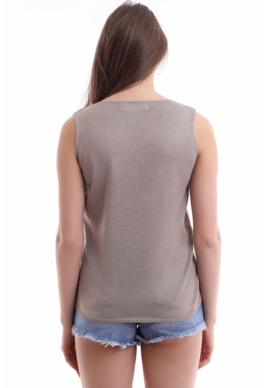 Önü Deri Arkası Triko Kolsuz Bluz Vizon