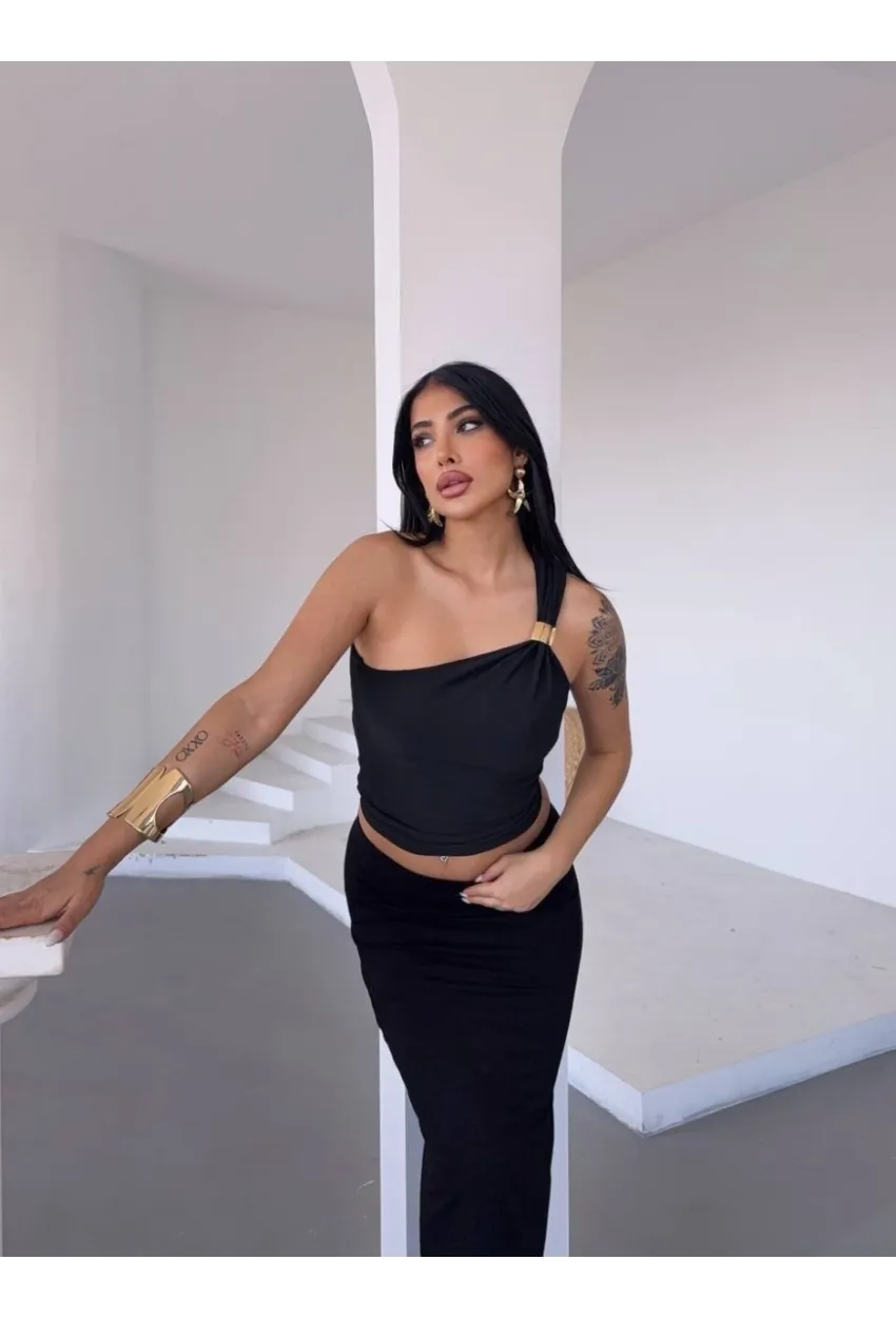 Ottoman Omuz Detay Siyah Bluz