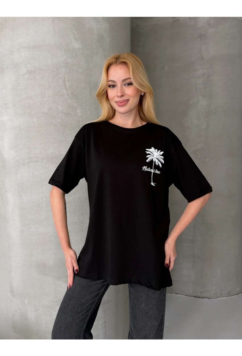 Palmiye Baskılı Sırt Baskı Detay Oversize Kadın Tişört – Siyah