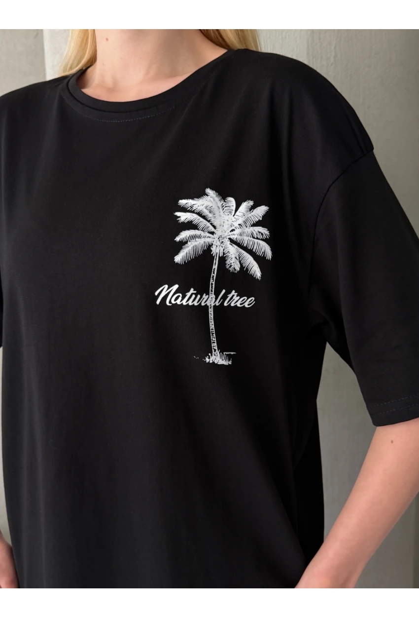Palmiye Baskılı Sırt Baskı Detay Oversize Kadın Tişört – Siyah