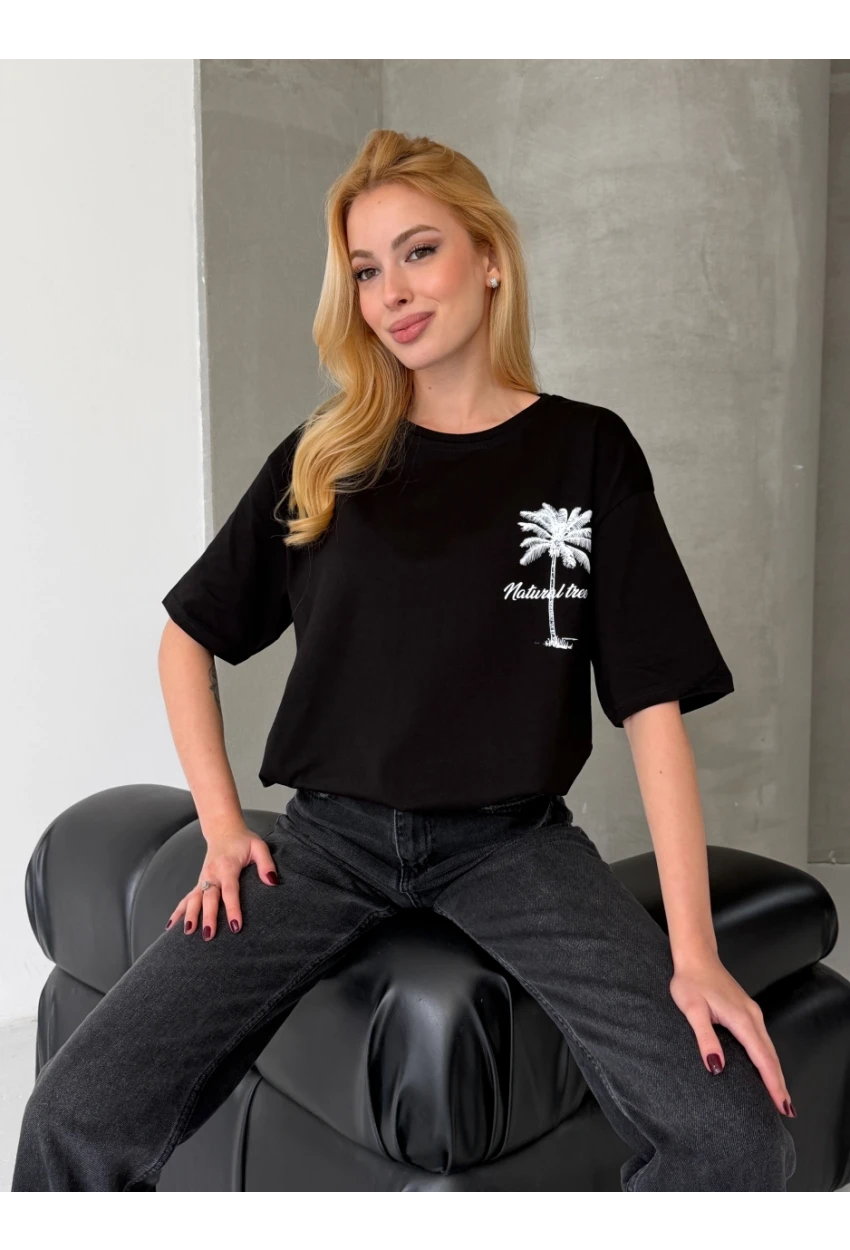 Palmiye Baskılı Sırt Baskı Detay Oversize Kadın Tişört – Siyah