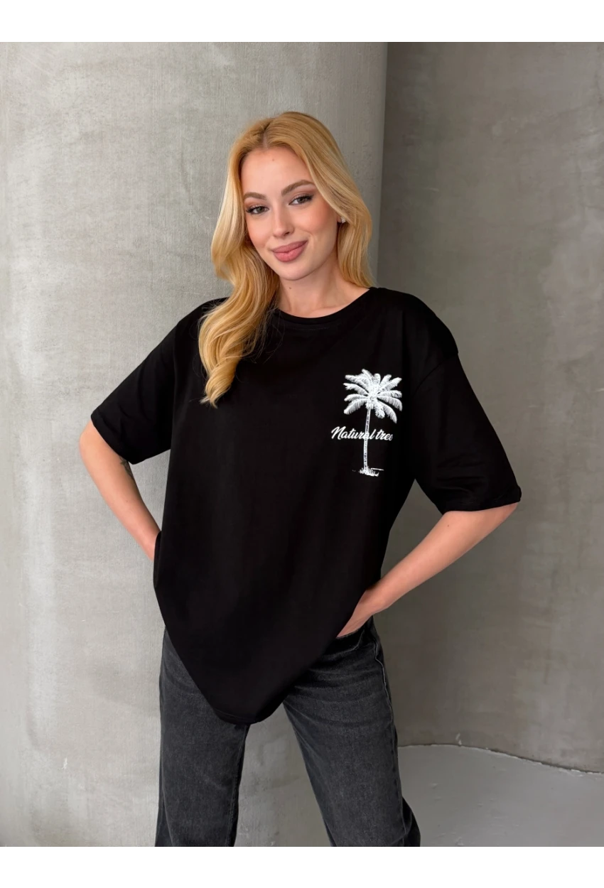 Palmiye Baskılı Sırt Baskı Detay Oversize Kadın Tişört – Siyah