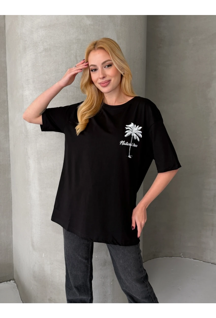 Palmiye Baskılı Sırt Baskı Detay Oversize Kadın Tişört – Siyah