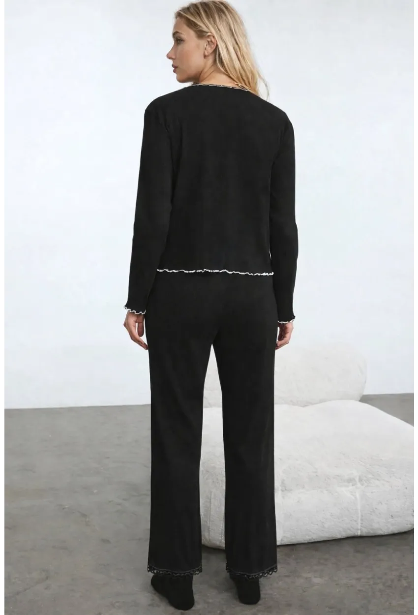 Pamuklu Dantel ve Fiyonk Detaylı Fitilli Örme Pijama Takımı