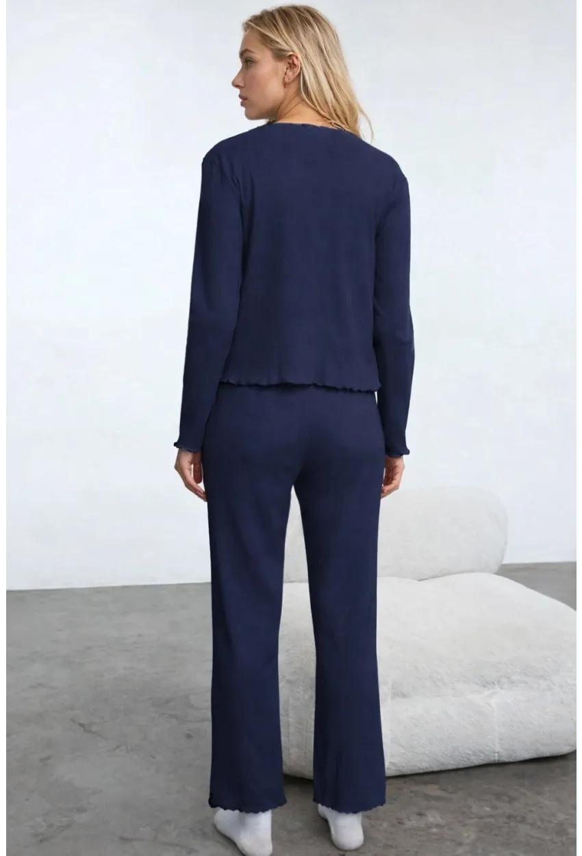 Pamuklu Dantel ve Fiyonk Detaylı Fitilli Örme Pijama Takımı