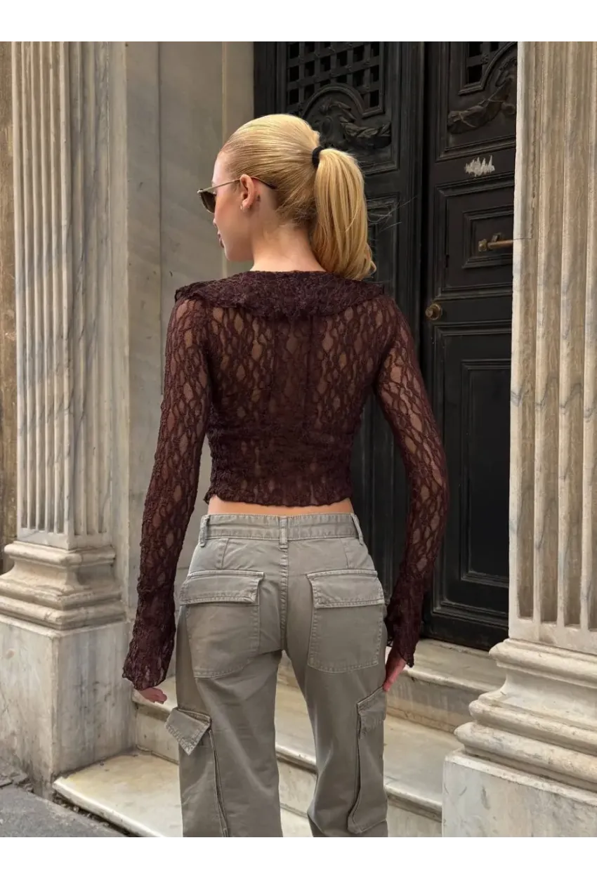Pervazlı Dantel Kumaş Kahve Bluz