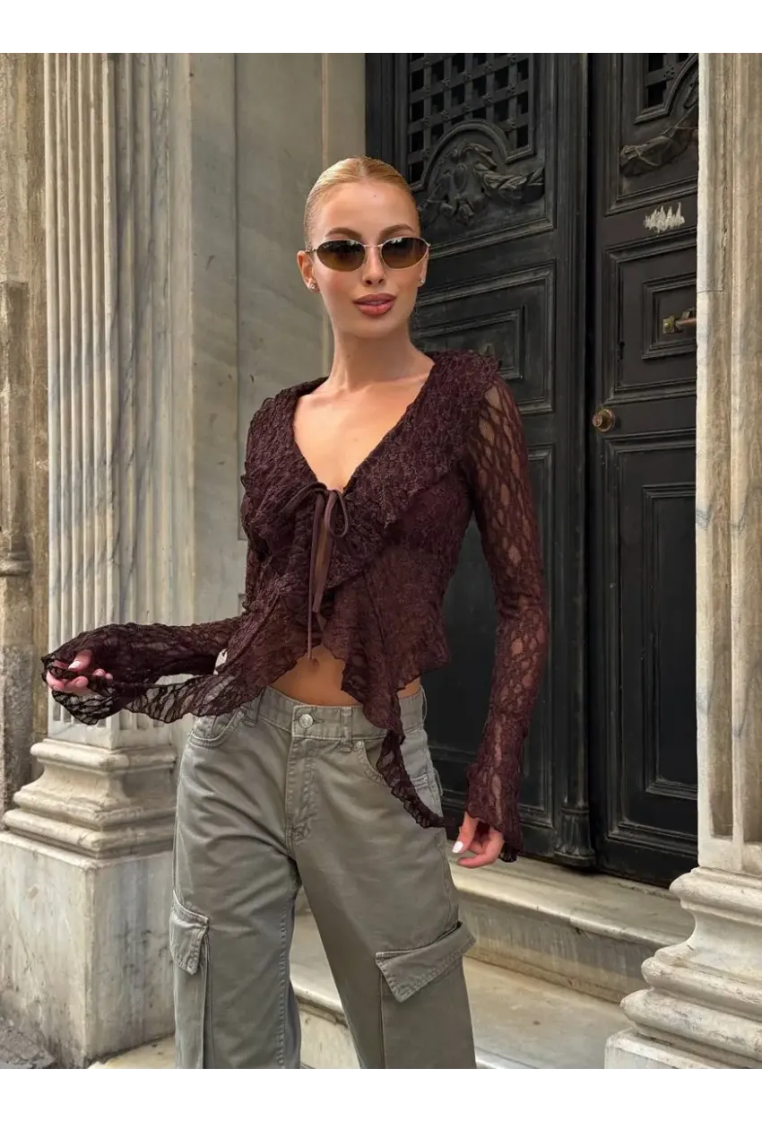 Pervazlı Dantel Kumaş Kahve Bluz