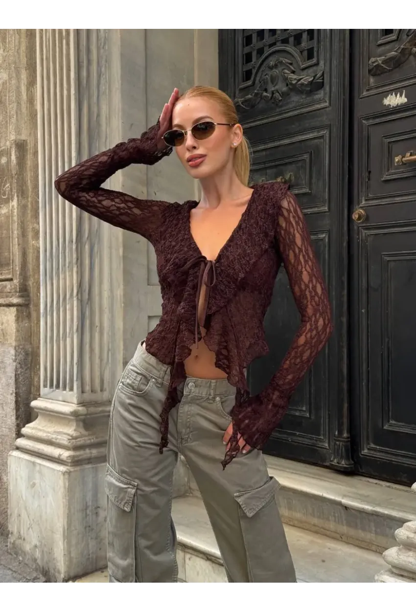 Pervazlı Dantel Kumaş Kahve Bluz