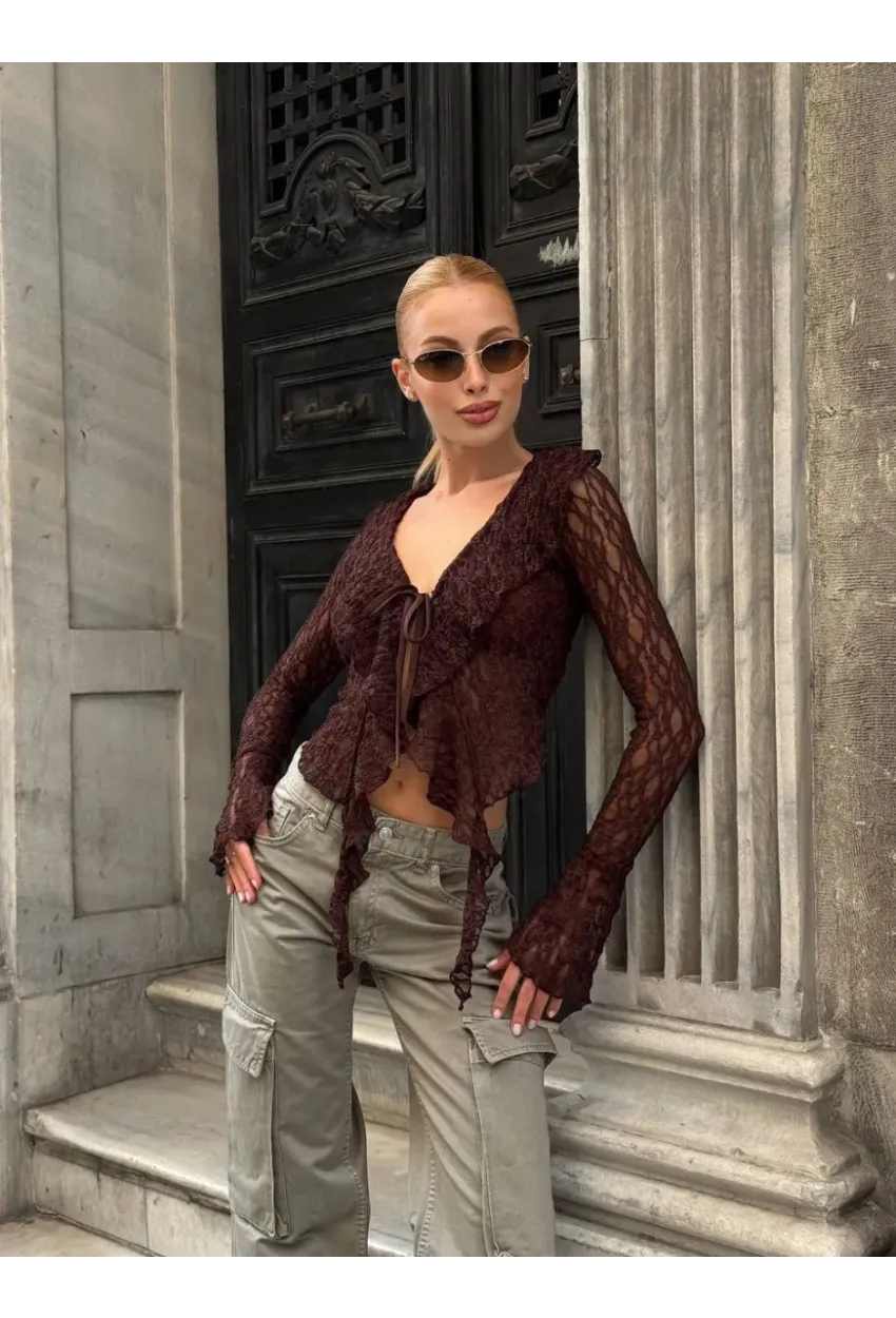Pervazlı Dantel Kumaş Kahve Bluz